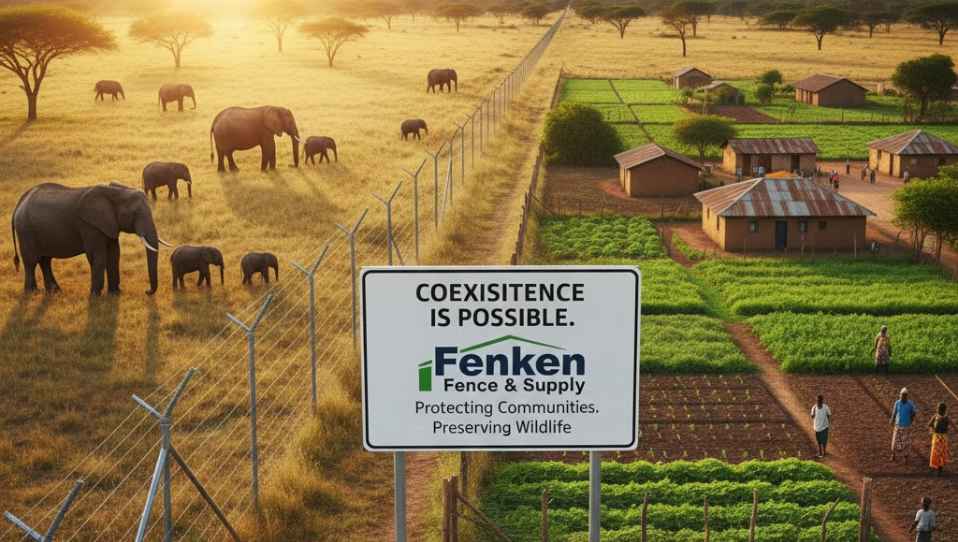 A herd of elephants separated from a human settlement by a Fenken electric game fence, illustrating human-wildlife coexistence.